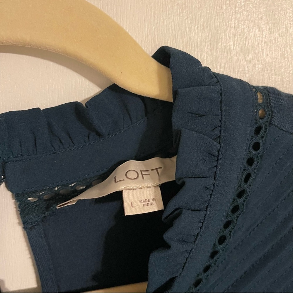 Loft | Mixed Media Ruffle Mock Neck Blouse | L - Picture 5 of 7